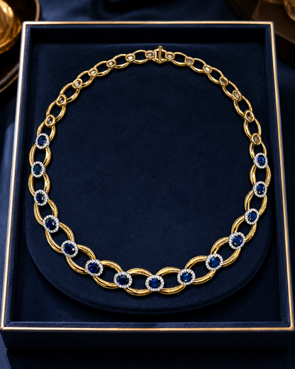 Blue Sapphire & Diamond Halo Gold Link Necklace