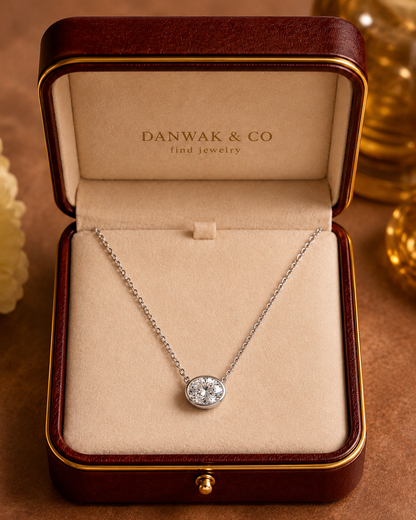 Oval Diamond Bezel Pendant Necklace in White Gold
