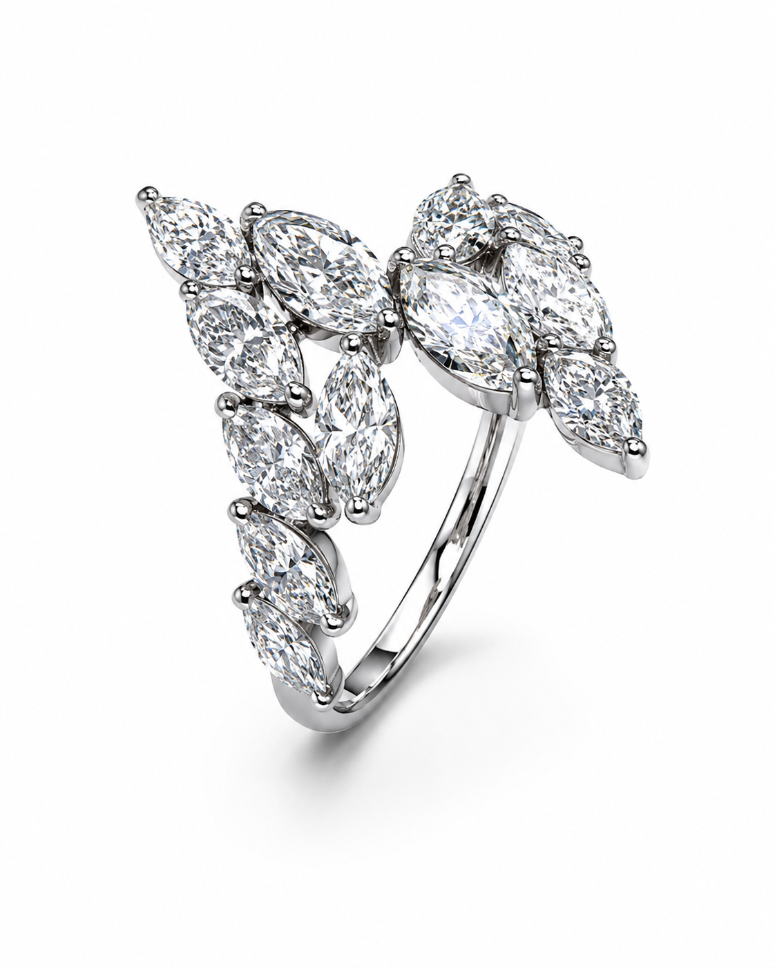 Marquise-Cut Diamond Leaf Ring in White Gold