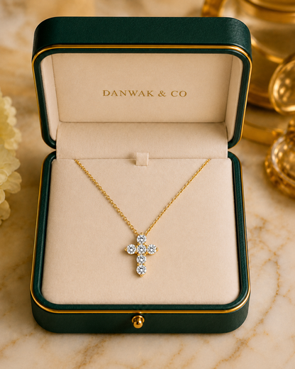 Yellow Gold Six-Diamond Cross Pendant Necklace