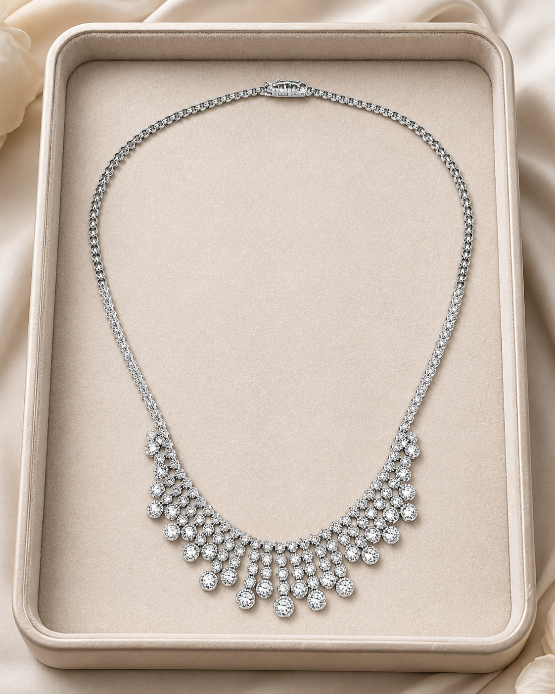 White Gold Diamond Fringe Statement Necklac