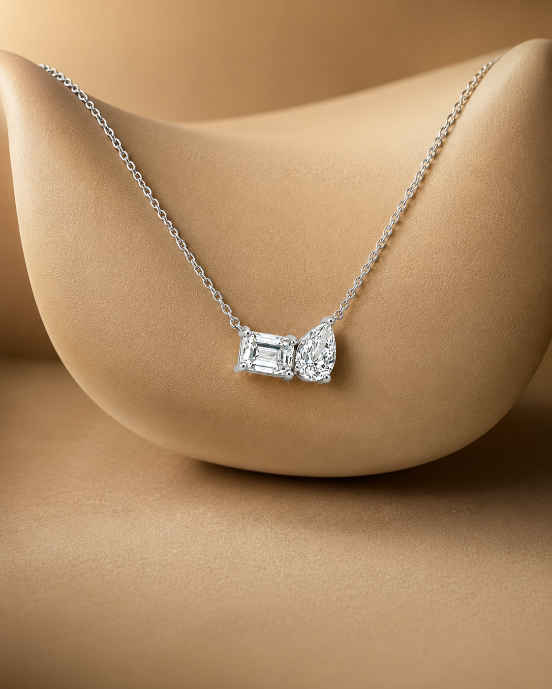 White Gold Emerald and Pear-Cut Two-Stone Diamond Necklace