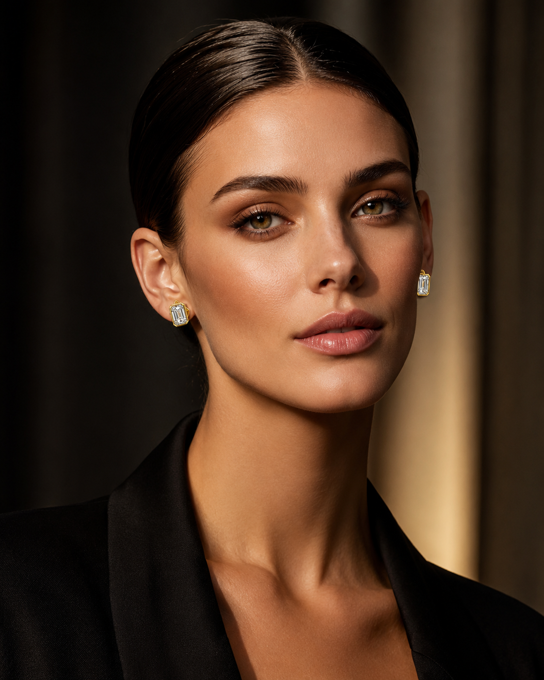 Emerald-Cut Diamond Stud Earrings in Yellow Gold Bezel Setting