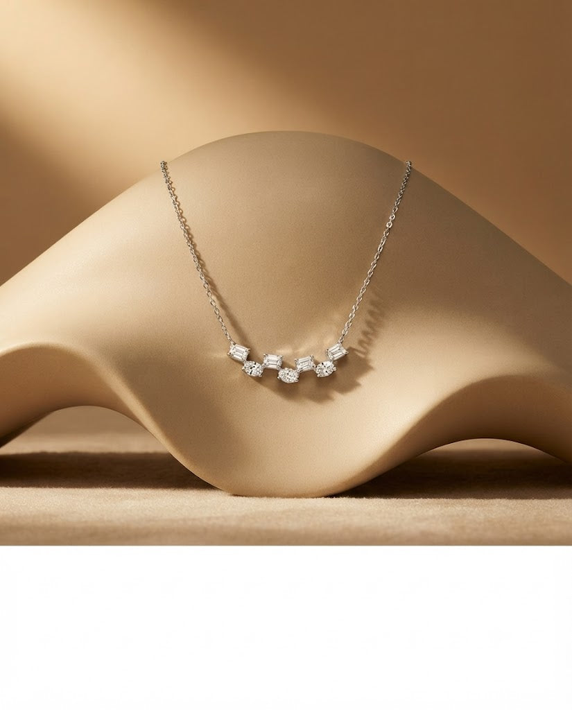 White Gold Emerald & Round Diamond Station Necklace