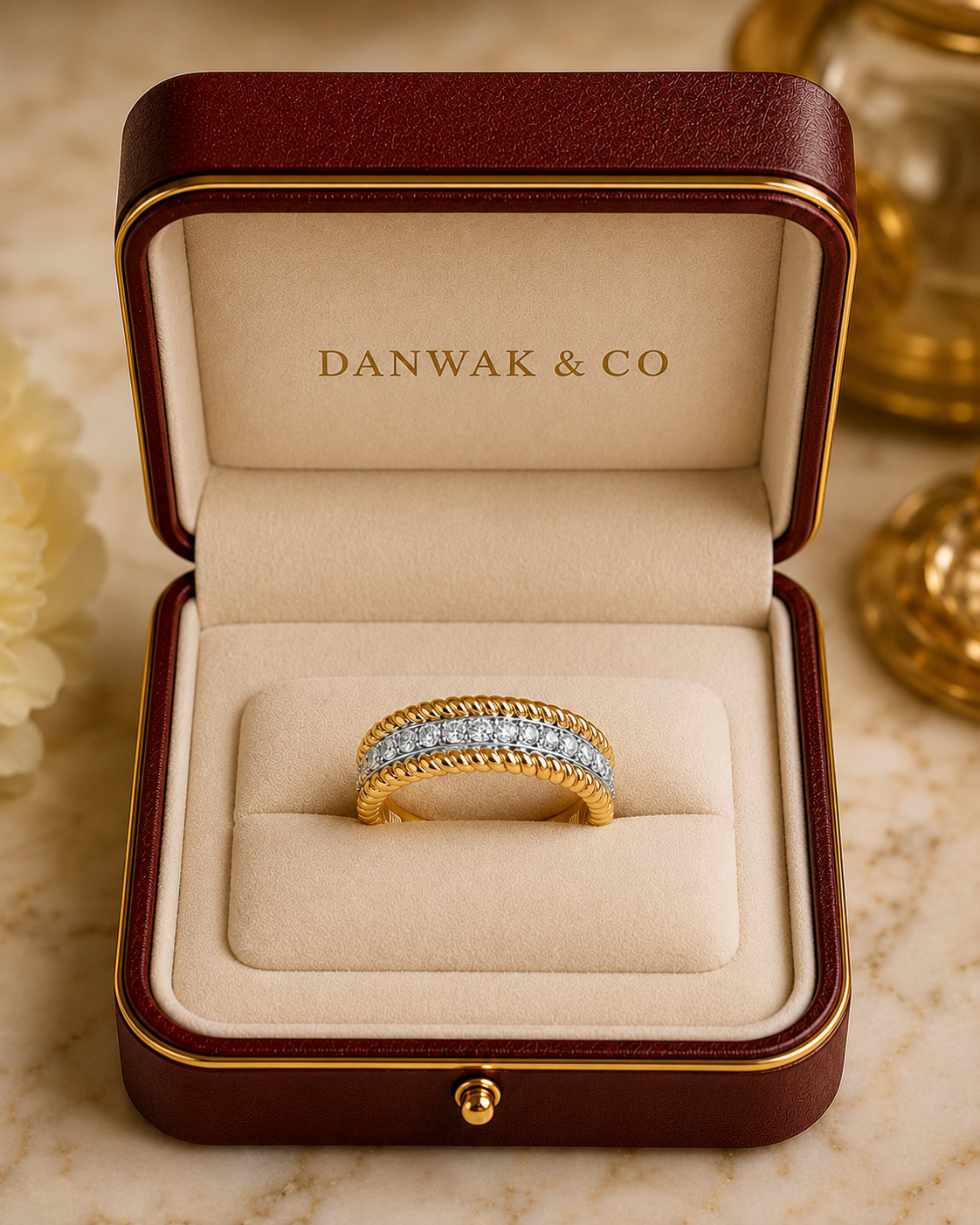 Two-Tone Gold Diamond Rope-Edge Band Ring
