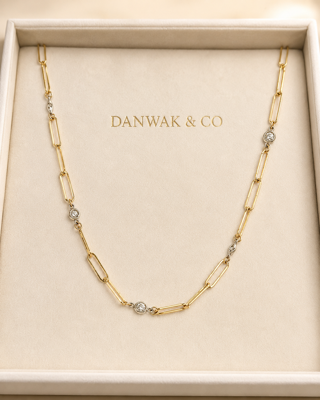Yellow Gold Paperclip Link Necklace with Bezel-Set Diamonds