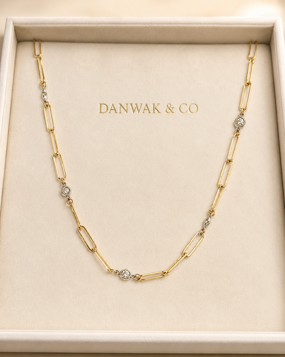 Yellow Gold Paperclip Link Necklace with Bezel-Set Diamonds