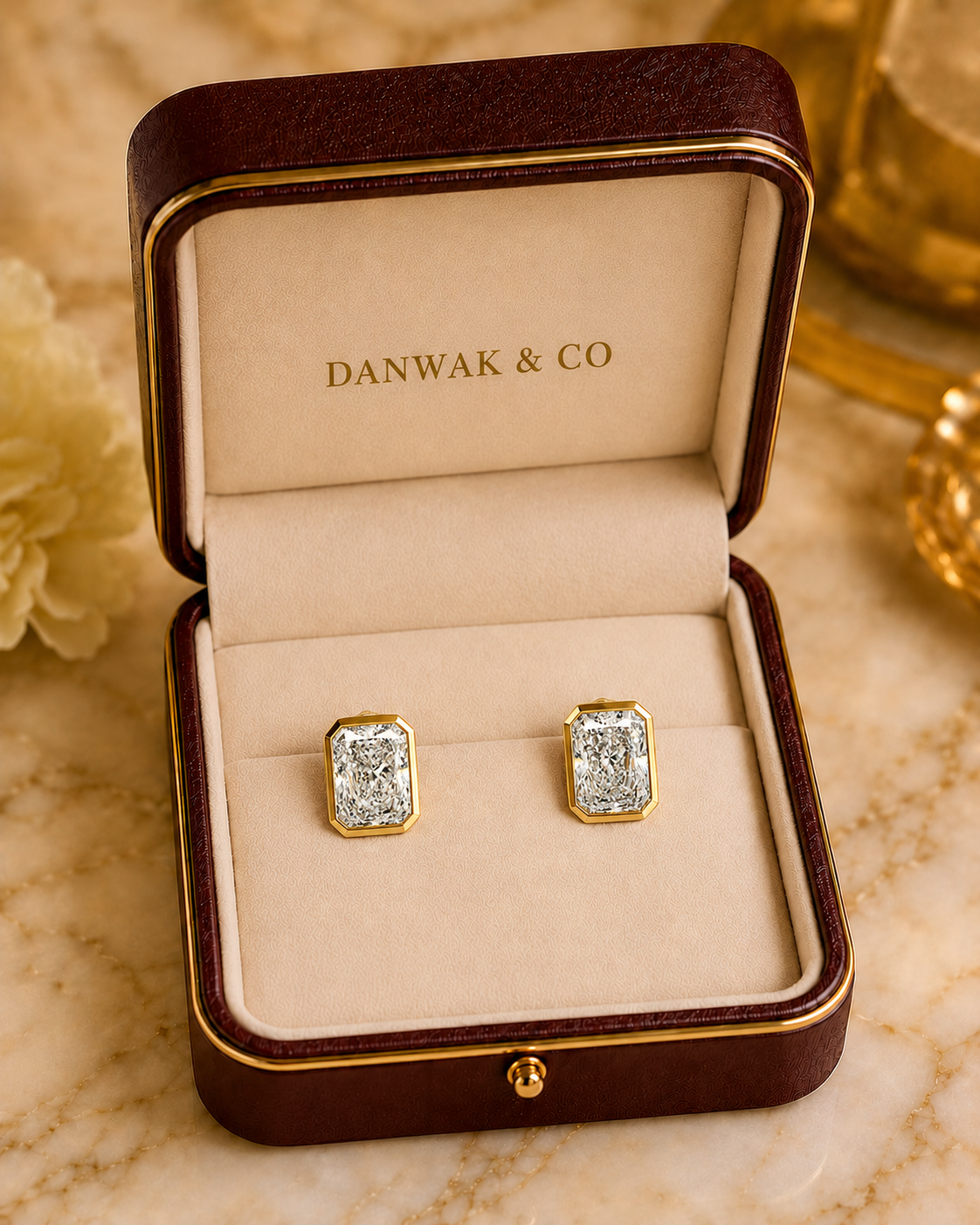Radiant-Cut Diamond Stud Earrings in Yellow Gold Bezel Setting