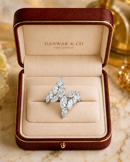 Marquise-Cut Diamond Leaf Ring in White Gold