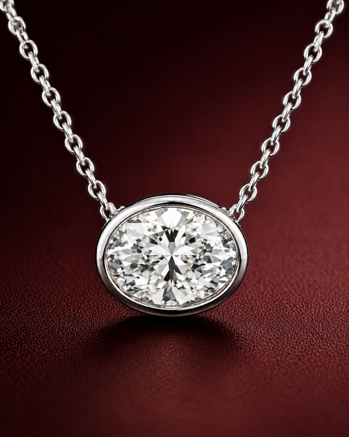 Oval Diamond Bezel Pendant Necklace in White Gold
