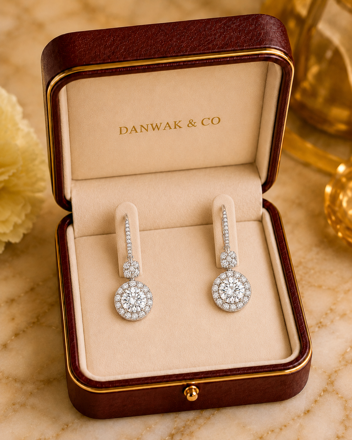Round Halo Diamond Drop Earrings in White Gold