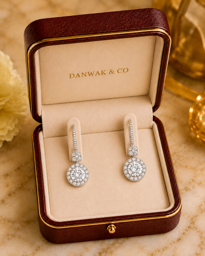 Round Halo Diamond Drop Earrings in White Gold