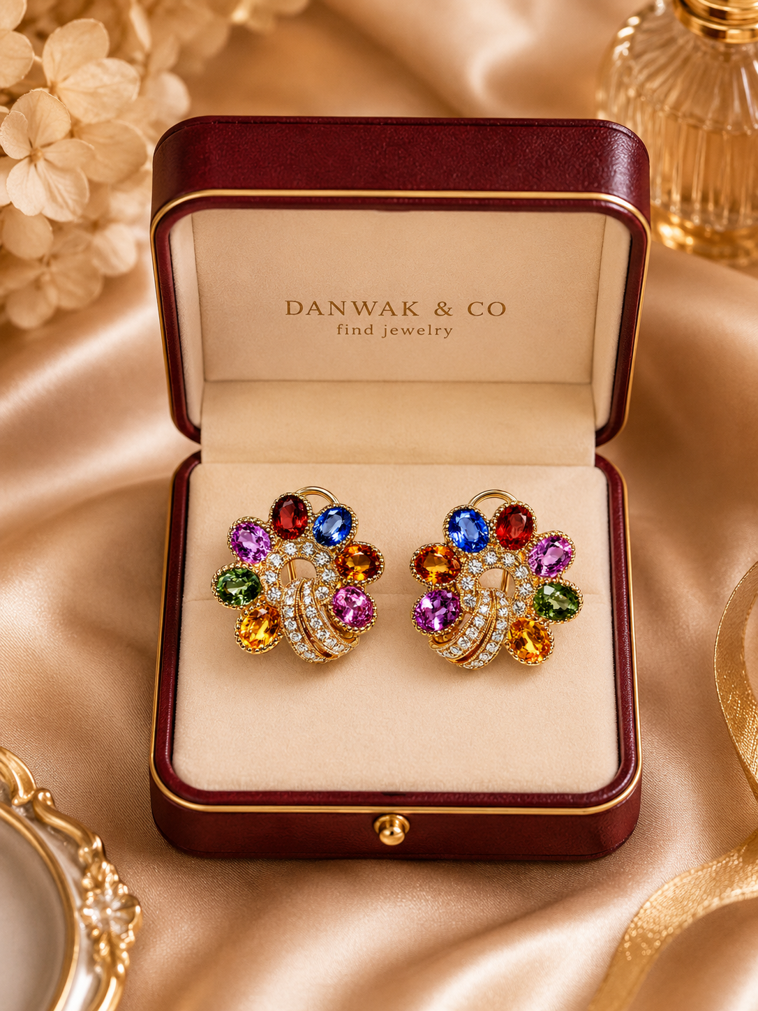 Rainbow Sapphire Floral Gold Earrings