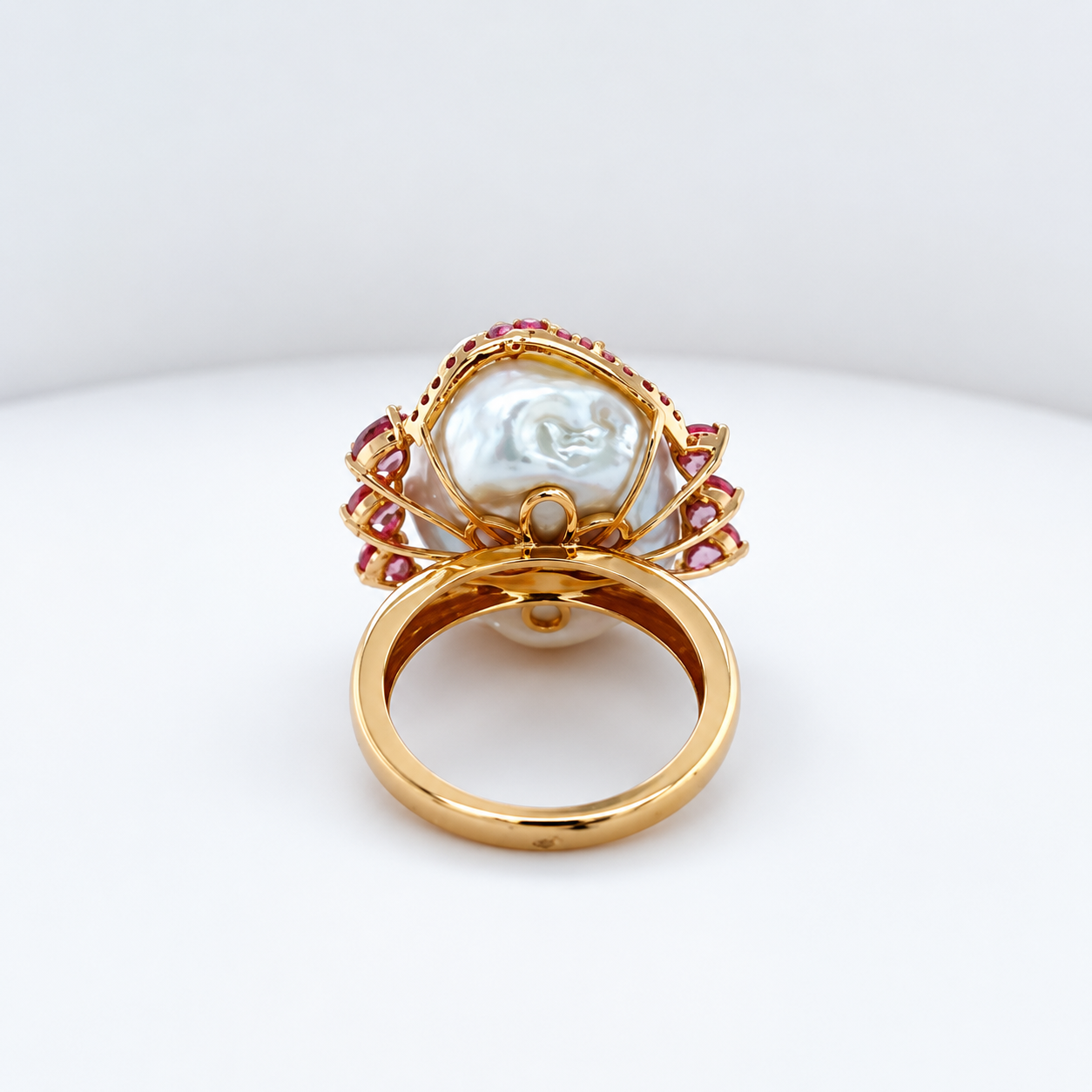18K Yellow Gold Baroque Pearl & Pink Sapphire Statement Ring