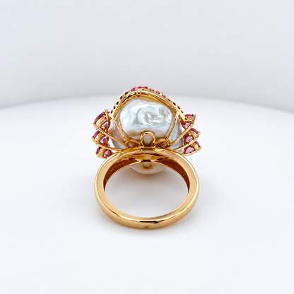 18K Yellow Gold Baroque Pearl & Pink Sapphire Statement Ring
