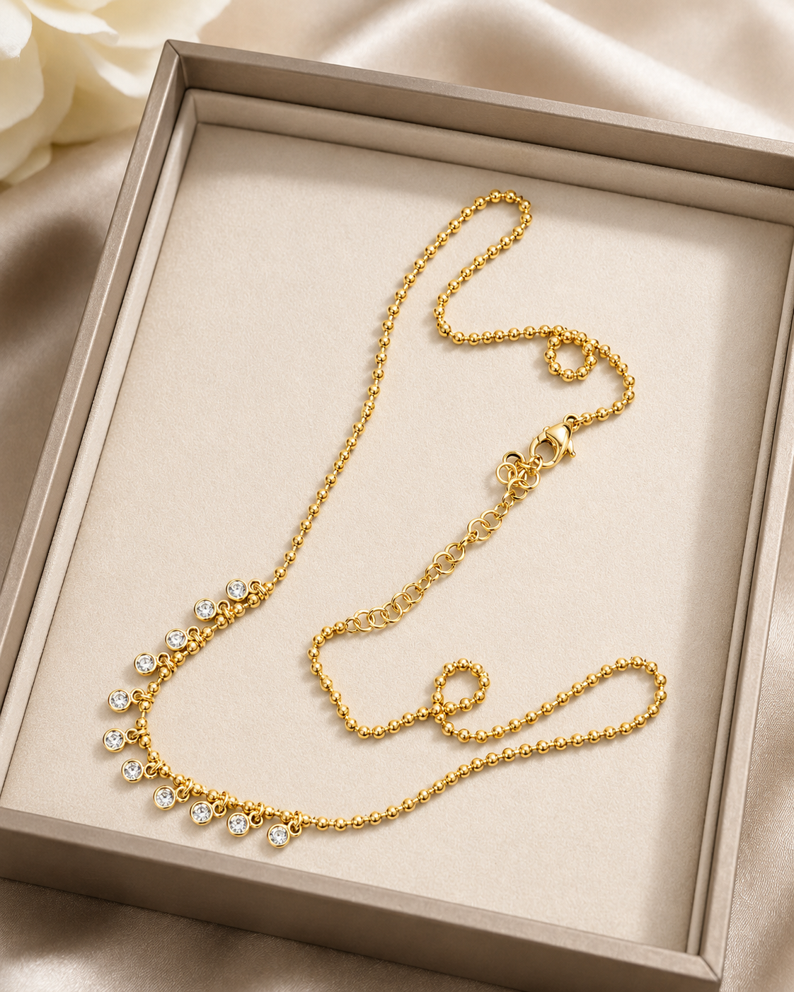 Yellow Gold Beaded Necklace with Eleven Diamond Drops