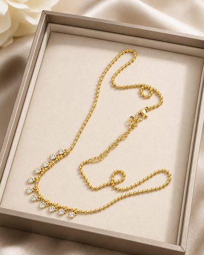 Yellow Gold Beaded Necklace with Eleven Diamond Drops