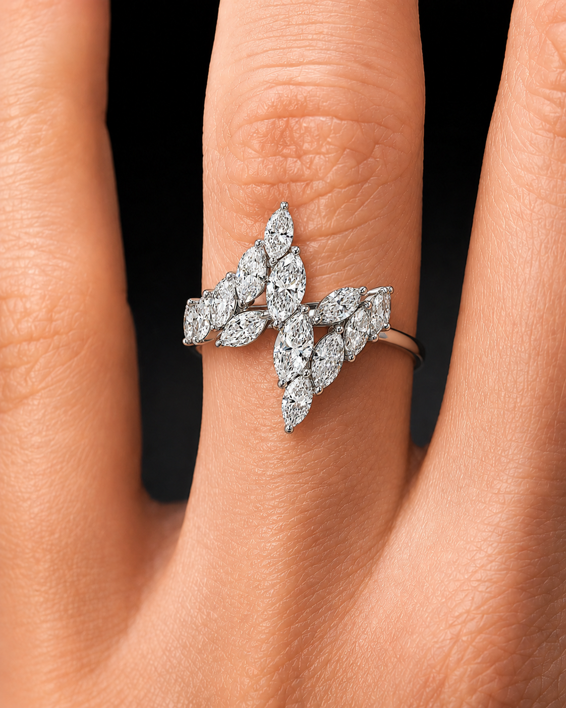 Marquise-Cut Diamond Leaf Ring in White Gold