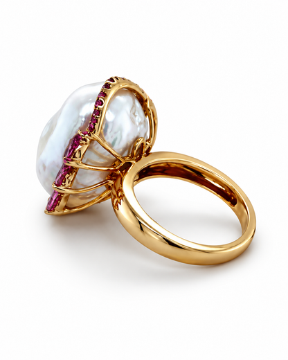 18K Yellow Gold Baroque Pearl & Pink Sapphire Statement Ring