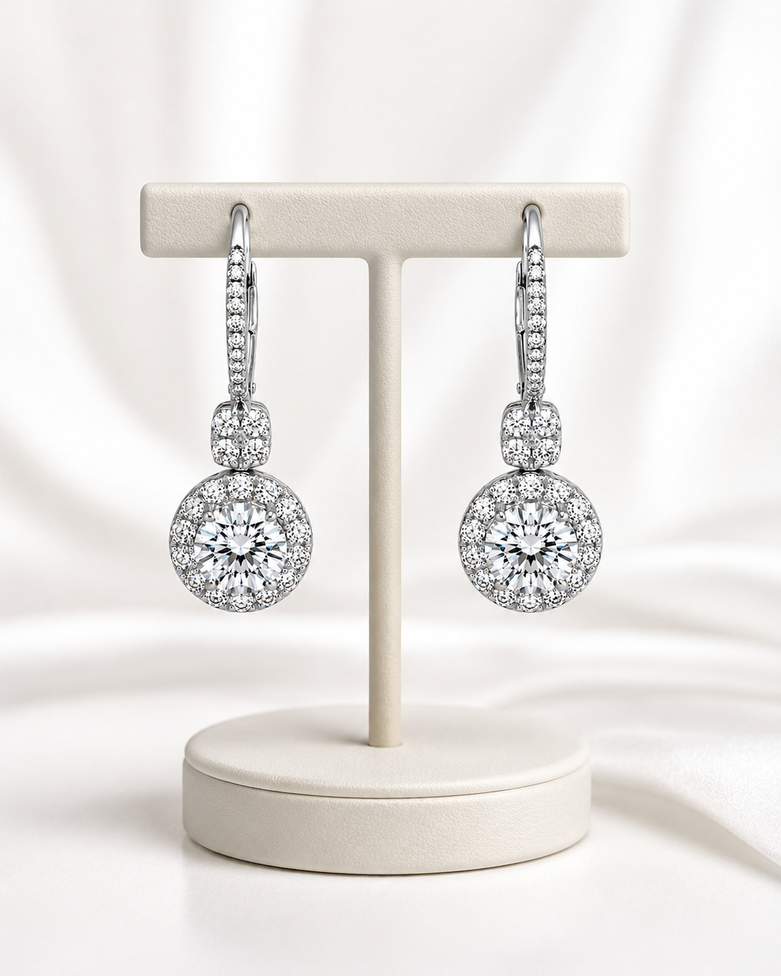 Round Halo Diamond Drop Earrings in White Gold