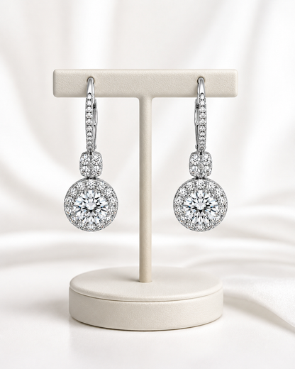 Round Halo Diamond Drop Earrings in White Gold