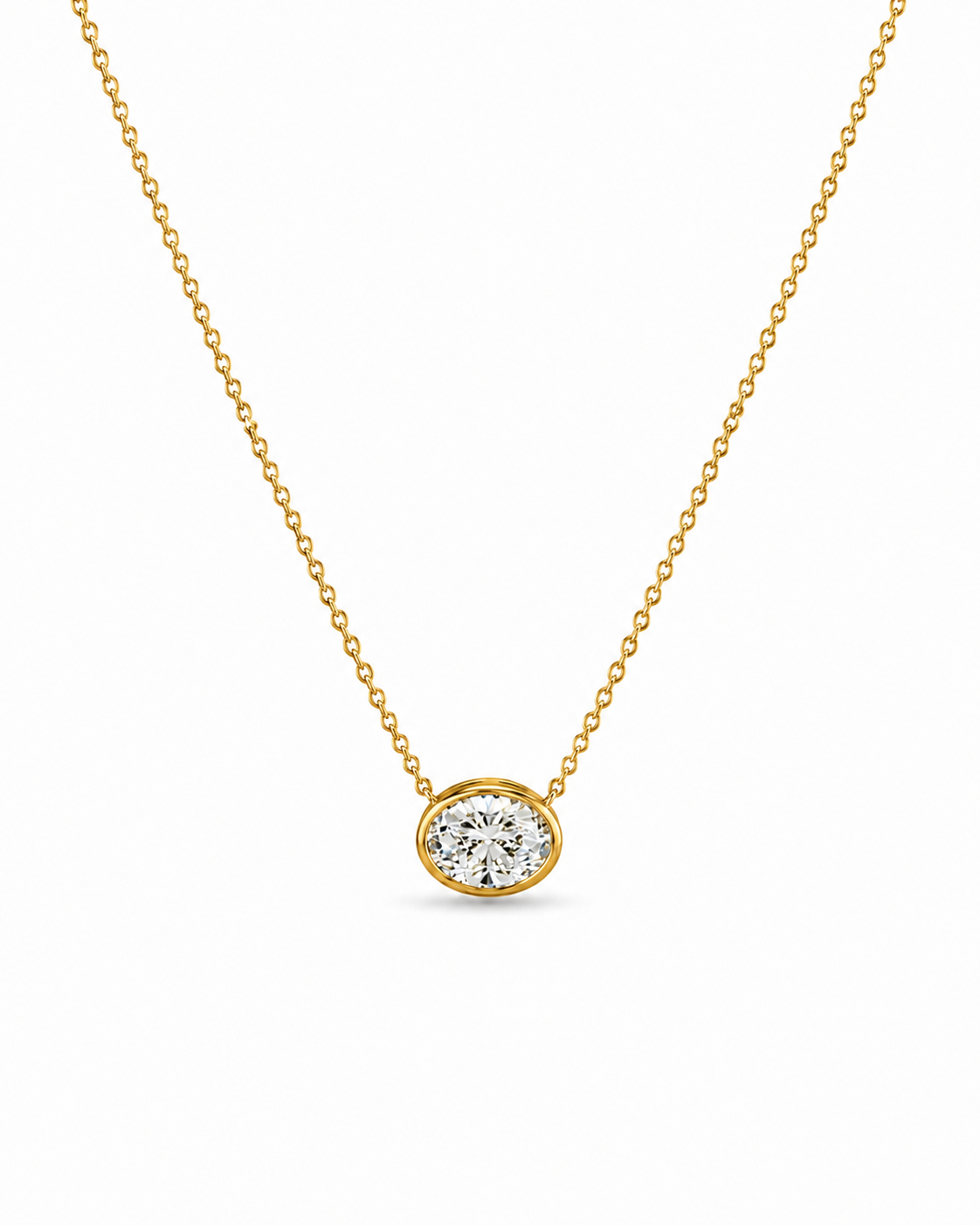 Oval Diamond Bezel Pendant Necklace in White Gold